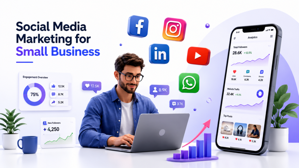 Social Media Marketing for Small Business strategy illustration showing social media platforms, customer engagement, and business growth