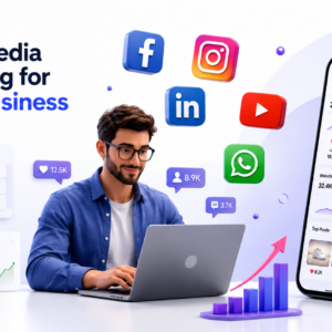 Social Media Marketing for Small Business strategy illustration showing social media platforms, customer engagement, and business growth