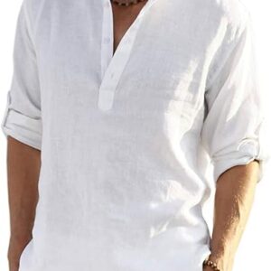 COOFANDY Men's Shirt Long Sleeve Henley Shirt Linen Shirt Cotton Casual Regular Fit Summer Shirt